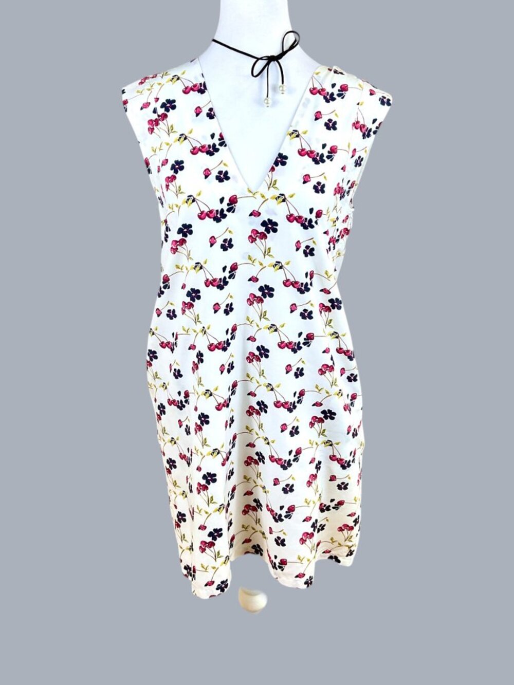 Alex & Alex Dress Cotton Silk Cherry Fruit Floral White Red  (S)